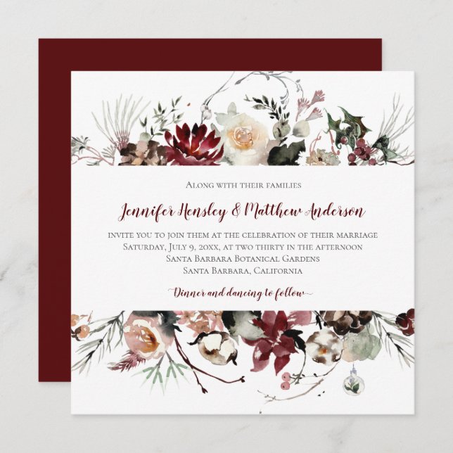 Winter Blooms - Burgundy Text Wedding | Invitation (Front/Back)