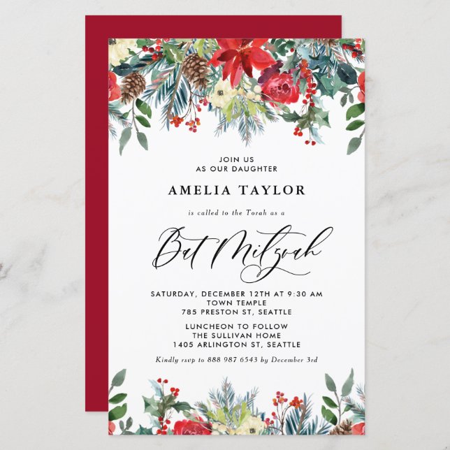 Winter Blooms Floral Bat Mitzvah Invitation (Front/Back)