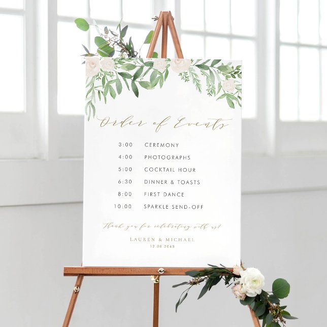 Winter Blooms Garland Wedding Order of Events Poster (Customizable watercolor wedding timeline sign featuring watercolor greenery and white flowers)