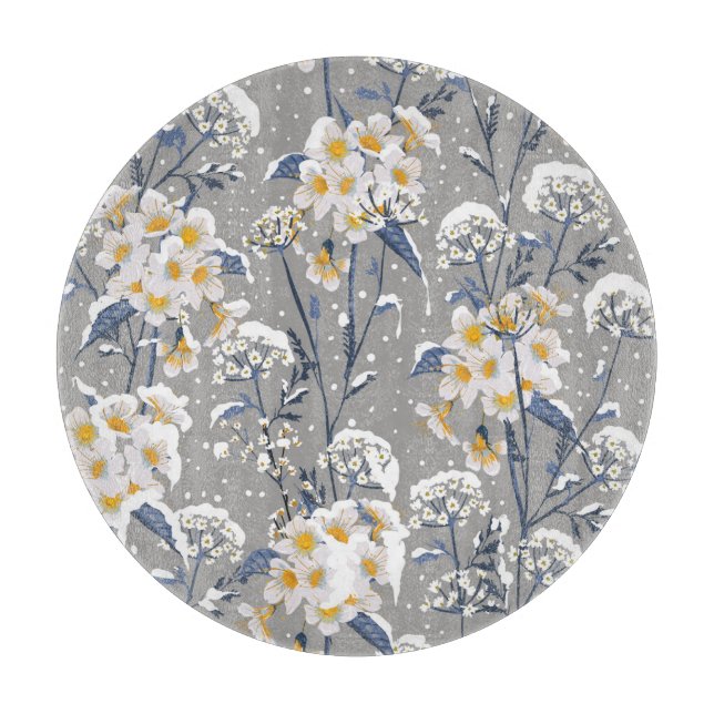 Winter Blossom: Delicate Floral Pattern Cutting Board (Front)