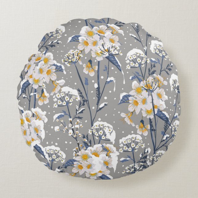Winter Blossom: Delicate Floral Pattern Round Cushion (Front)
