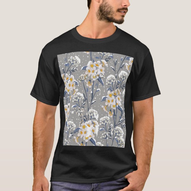 Winter Blossom: Delicate Floral Pattern T-Shirt (Front)