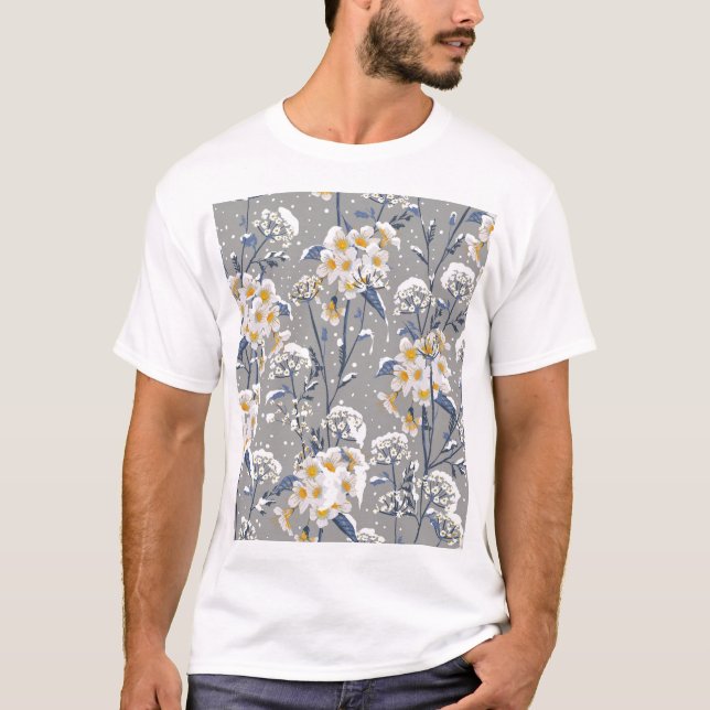 Winter Blossom: Delicate Floral Pattern T-Shirt (Front)