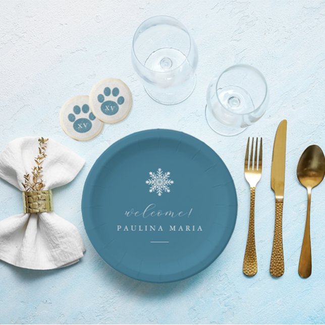 Winter Blue 15th Birthday Quinceañera Snowflake Paper Plate (Beautiful blue personalized quinceanera celebration plate with winter white snowflake.)