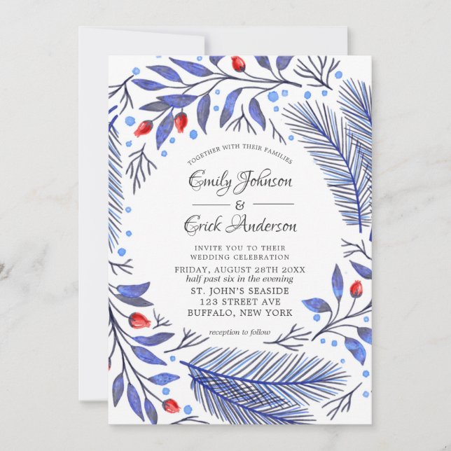 Winter Blue and Red Berry Christmas Wedding Invitation (Front)