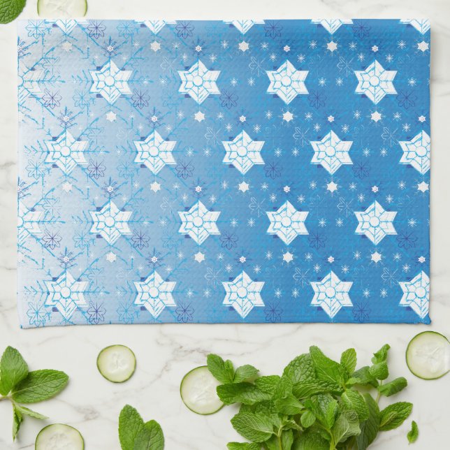 Winter blue and white Snowflakes pattern Tea Towel (Folded)