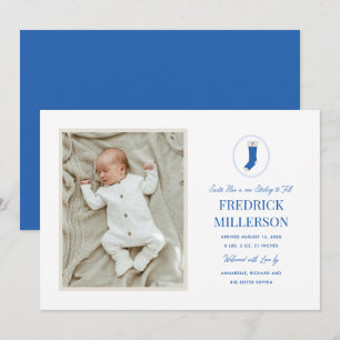 Winter Blue Baby's First Christmas Photo Monogram Holiday Card