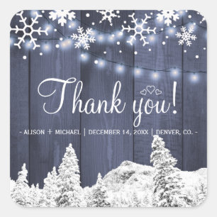 Winter blue barn wood string lights rustic wedding square sticker