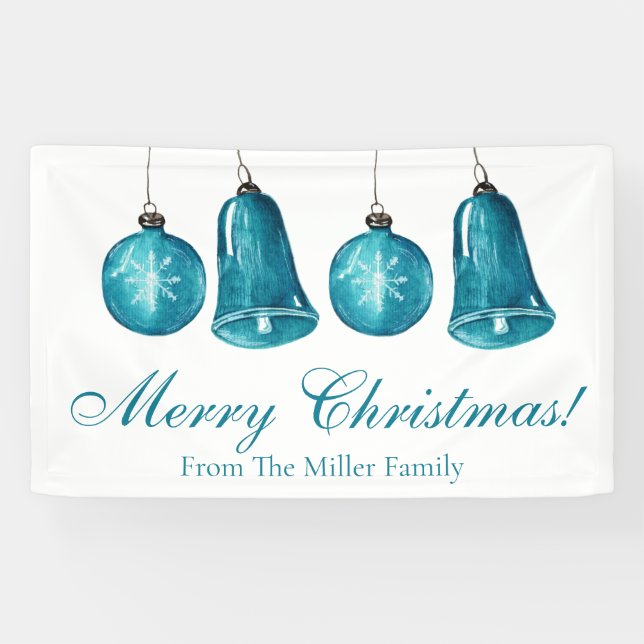 Winter Blue Baubles Custom Family Merry Christmas  Banner (Horizontal)