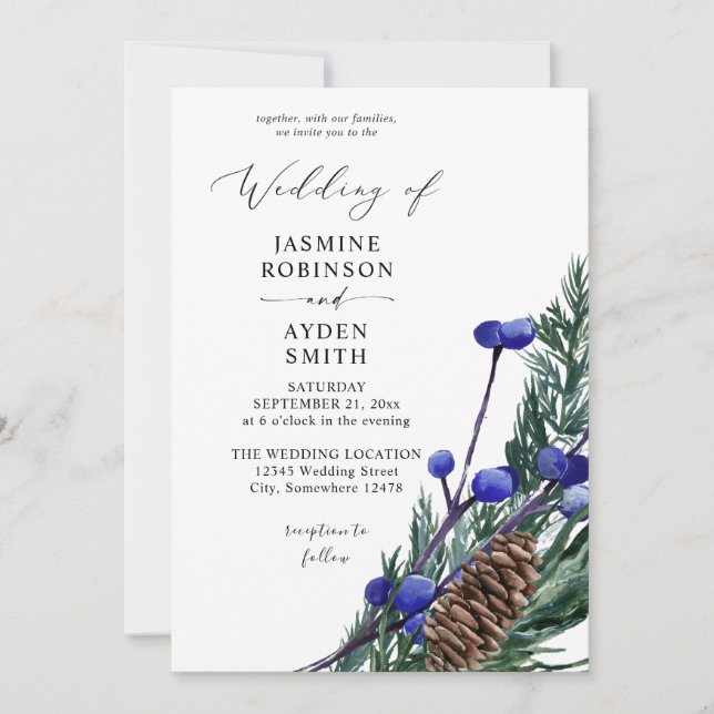 Winter Blue Berries & Pine Greenery Wedding Invitation (Front)