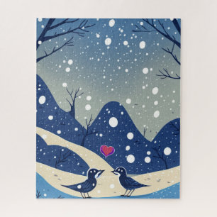 Winter Blue Birds in Love Christmas Wedding  Jigsaw Puzzle