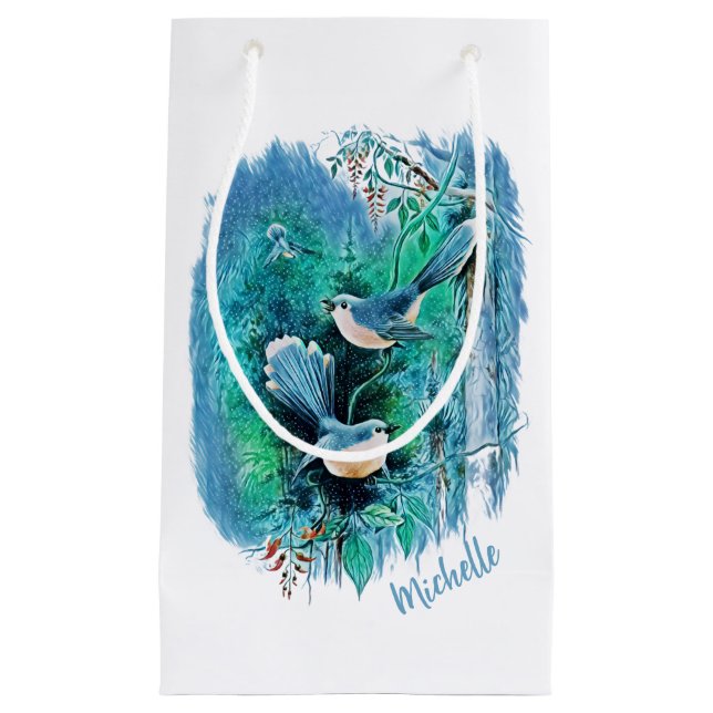 Winter Blue Birds Painting Small Gift Bag (Front)