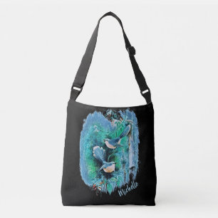 Winter Blue Birds Painting With Name Crossbody Bag