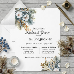 Winter Blue Boho Floral Rehearsal Dinner Invitation