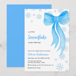 Winter Blue Bow A Little Snowflake Baby Shower Invitation
