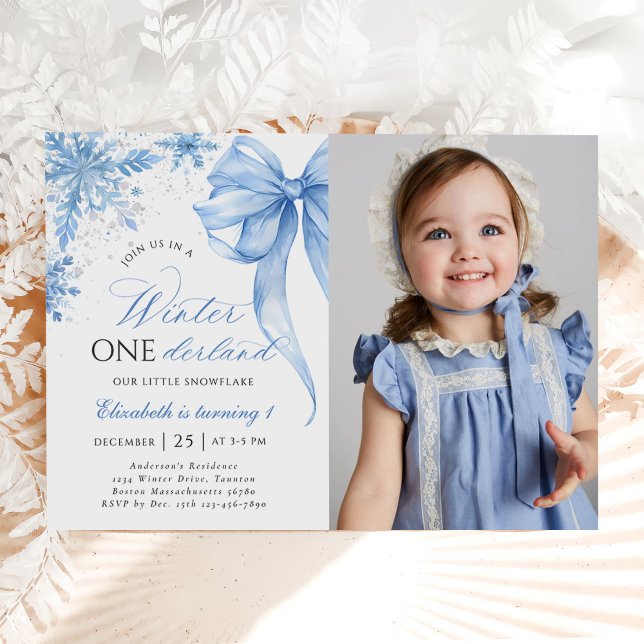 Winter Blue Bow Snowflake 1st Birthday Photo Invitation (Creator Uploaded)