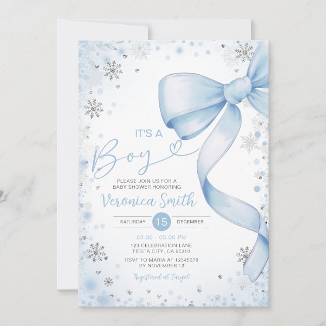 Winter Blue Bow themed Girl Coquette Baby Shower Invitation (Front)