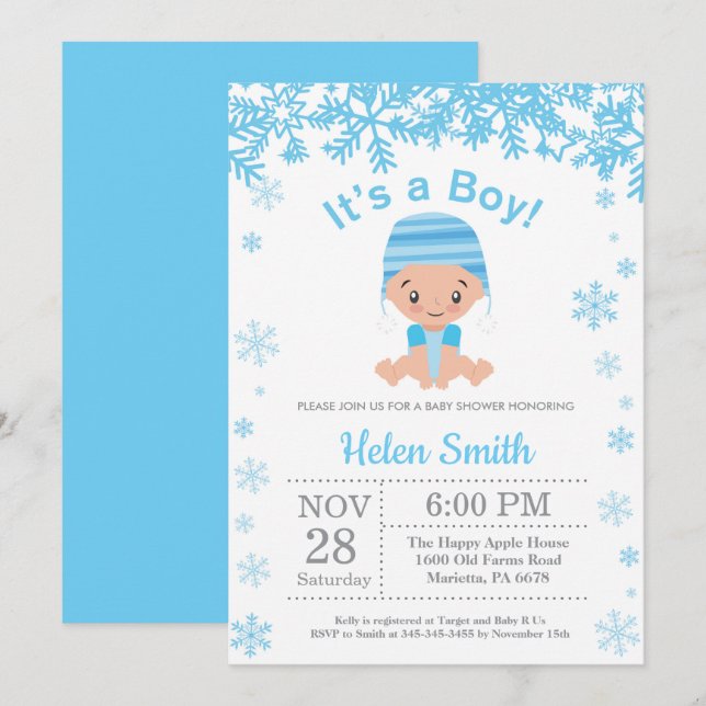 Winter Blue Boy Baby Shower Snowflake Invitation (Front/Back)
