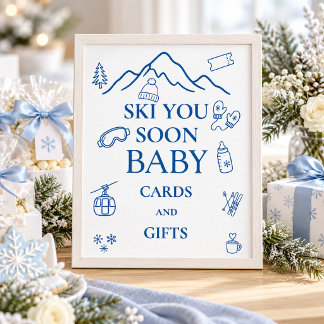 Winter Blue Boy Ski You Soon Baby Shower Favour Poster
