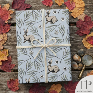 Winter Blue Bunnies and Floral Design Wrapping Paper