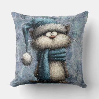Winter Blue Christmas Cat With Hat And Scarf Cushion