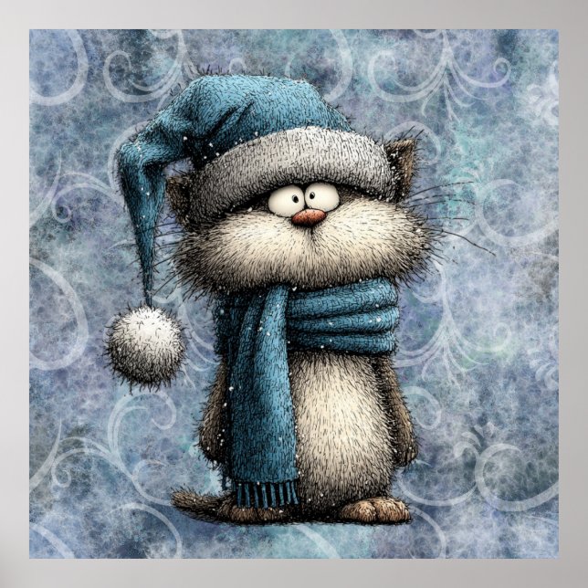 Winter Blue Christmas Cat With Hat And Scarf Poster (Front)