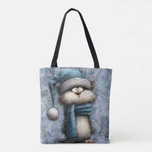 Winter Blue Christmas Cat With Hat And Scarf Tote Bag