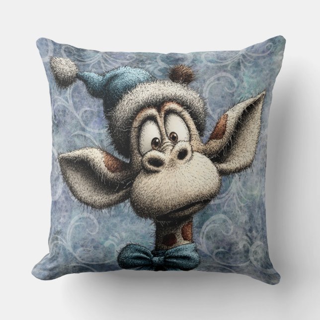 Winter Blue Christmas Cute Giraffe With Hat Cushion (Front)