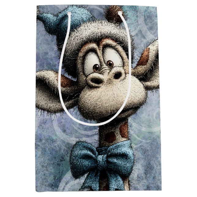 Winter Blue Christmas Cute Giraffe With Hat Medium Gift Bag (Front)