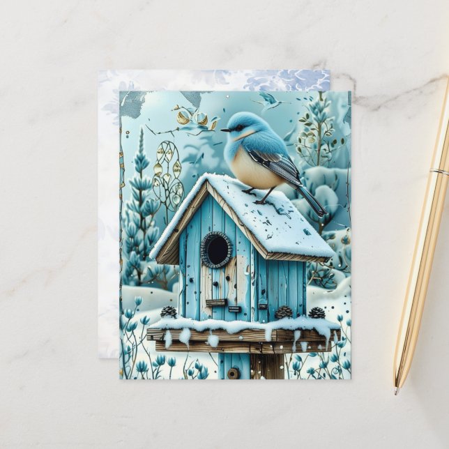Winter Blue Christmas Robin Scrapbook Paper (Front/Back In Situ)