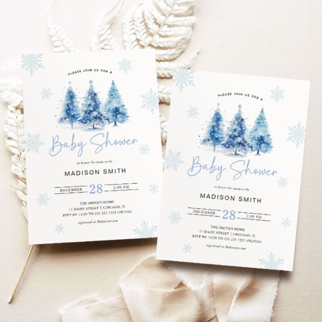 Winter Blue Christmas Tree Baby Shower Boy Invitation (Creator Uploaded)