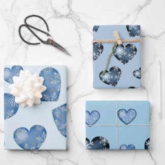 Winter blue colour hearts with snowflakes wrapping paper sheet