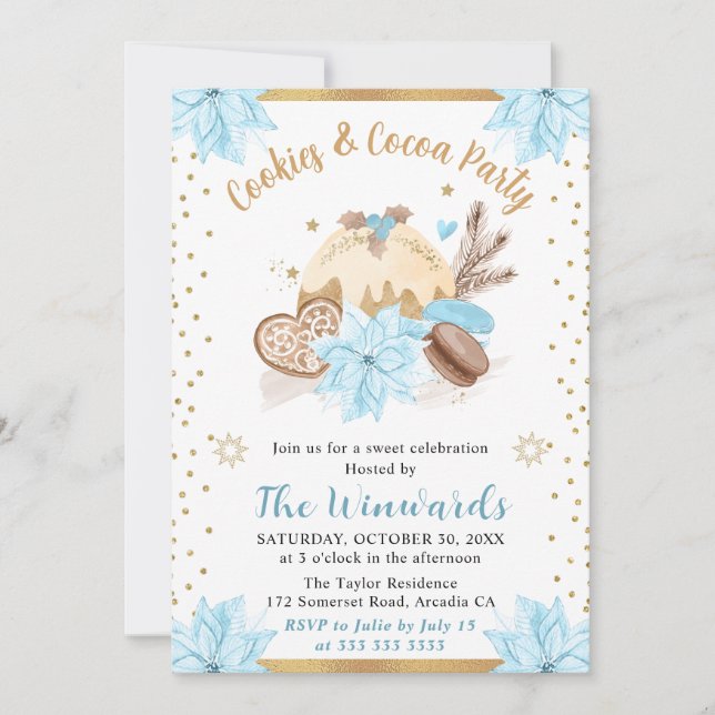 Winter Blue Cookies & Cocoa Party Invitation (Front)