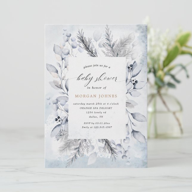 Winter Blue Elegant Floral Baby Shower Invite (Standing Front)