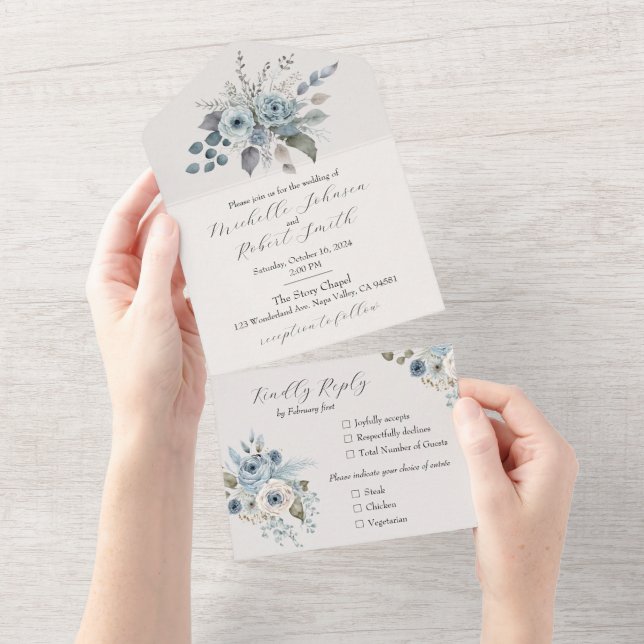 Winter Blue Floral  All In One Invitation (Tearaway)