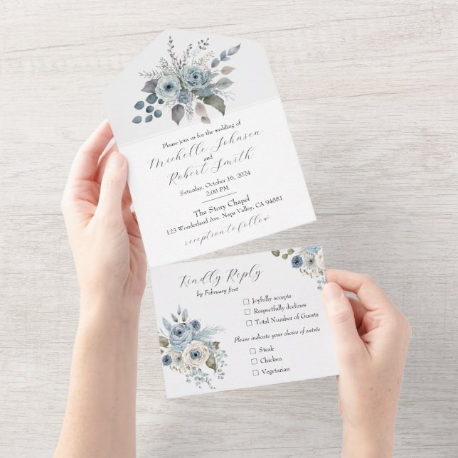 Winter Blue Floral All In One Invitation (Tearaway)