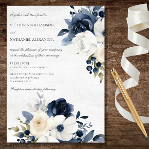 Winter Blue Floral on Marbled White Wedding Invitation