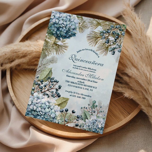 Winter Blue Floral Quinceañera Invitation (Creator Uploaded)