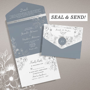 Winter Blue Floral Wedding All In One Invitation