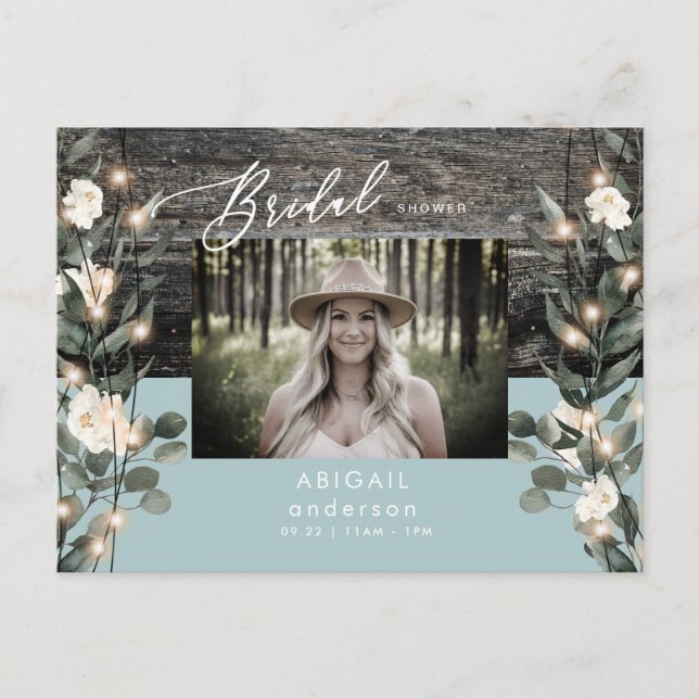 Winter Blue Foliage Lights & White Floral Photo In Invitation Postcard (Front)