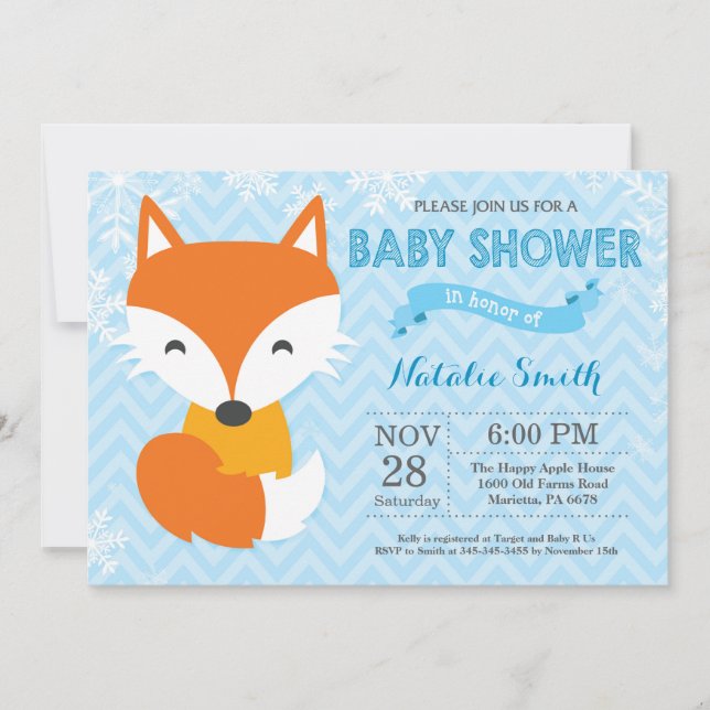 Winter Blue Fox Boy Baby Shower Invitation (Front)