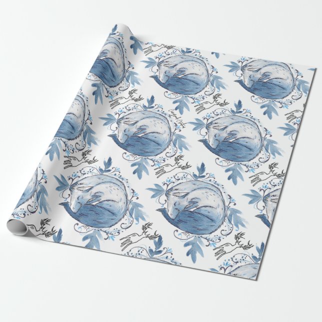 Winter blue Fox wrapping paper (Unrolled)