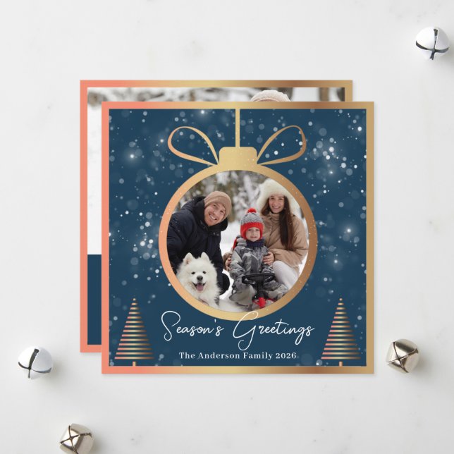 Winter Blue Gold Christmas Ornament 2 Photo Holiday Card (Front/Back In Situ)