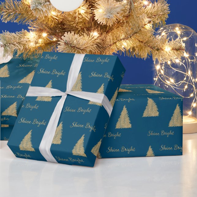 Winter Blue Gold Glitter Christmas Trees      Wrapping Paper (Holidays)