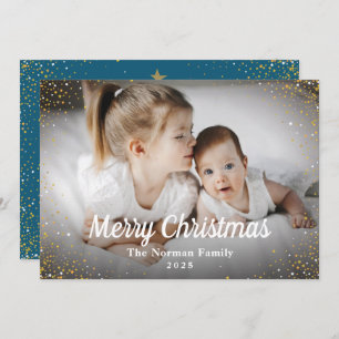 Winter Blue Gold Glitter Merry Christmas Photo Holiday Card