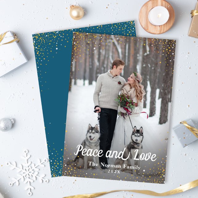Winter Blue Gold Glitter Peace and Love Photo Holiday Card (Creator Uploaded)