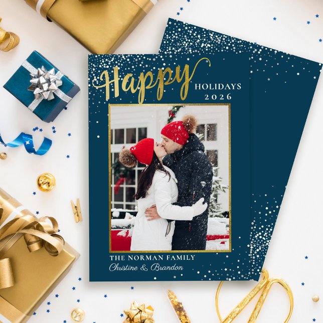 Winter Blue Gold Script Happy Holidays Photo Holiday Card (Creator Uploaded)