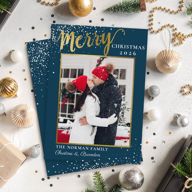Winter Blue Gold Script  Merry Christmas Photo Holiday Card (Creator Uploaded)