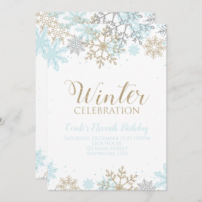Winter Blue Gold Silver Snowflakes Birthday Invitation (Front/Back)
