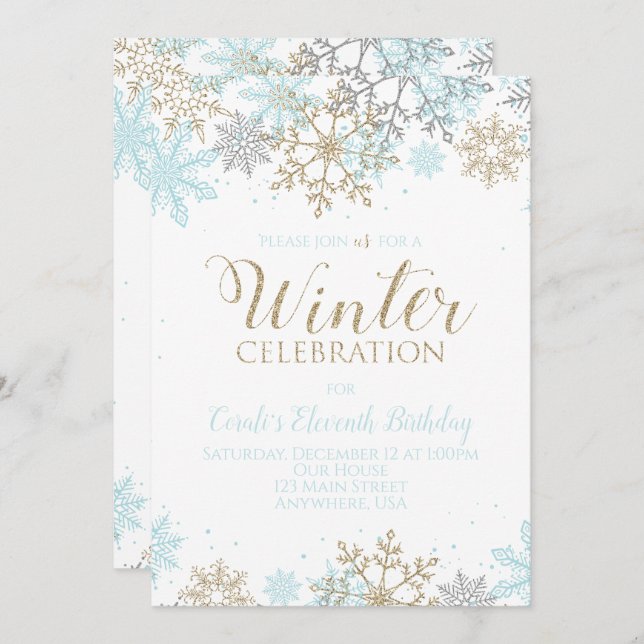 Winter Blue Gold Silver Snowflakes Birthday Invitation (Front/Back)